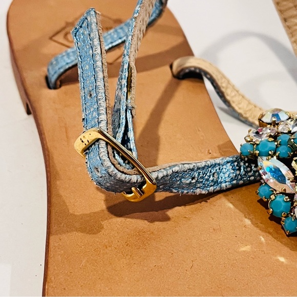 Emanuela Caruso Women’s EU 40 Blue Jeweled Bling Ankle T- Strap Leather Sandals - Picture 4 of 16